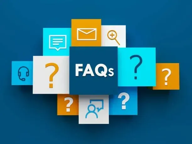 FAQs graphic with question marks and icons, blue and orange blocks on a blue background.