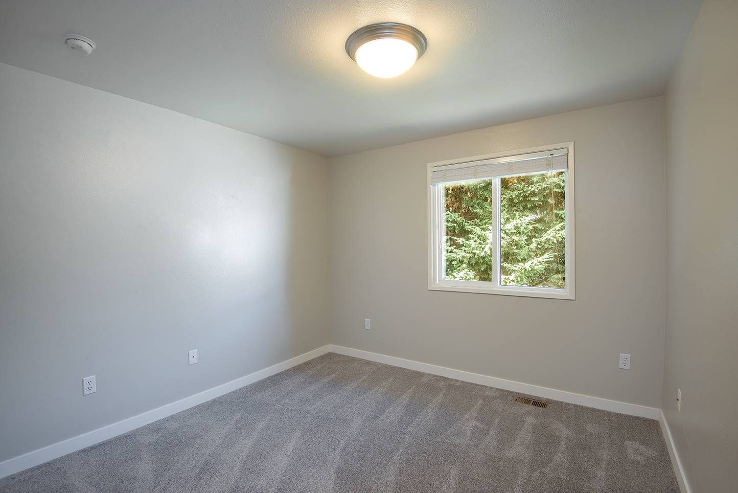 Empty bedroom with light gray walls, window to greenery, and carpeted floor.