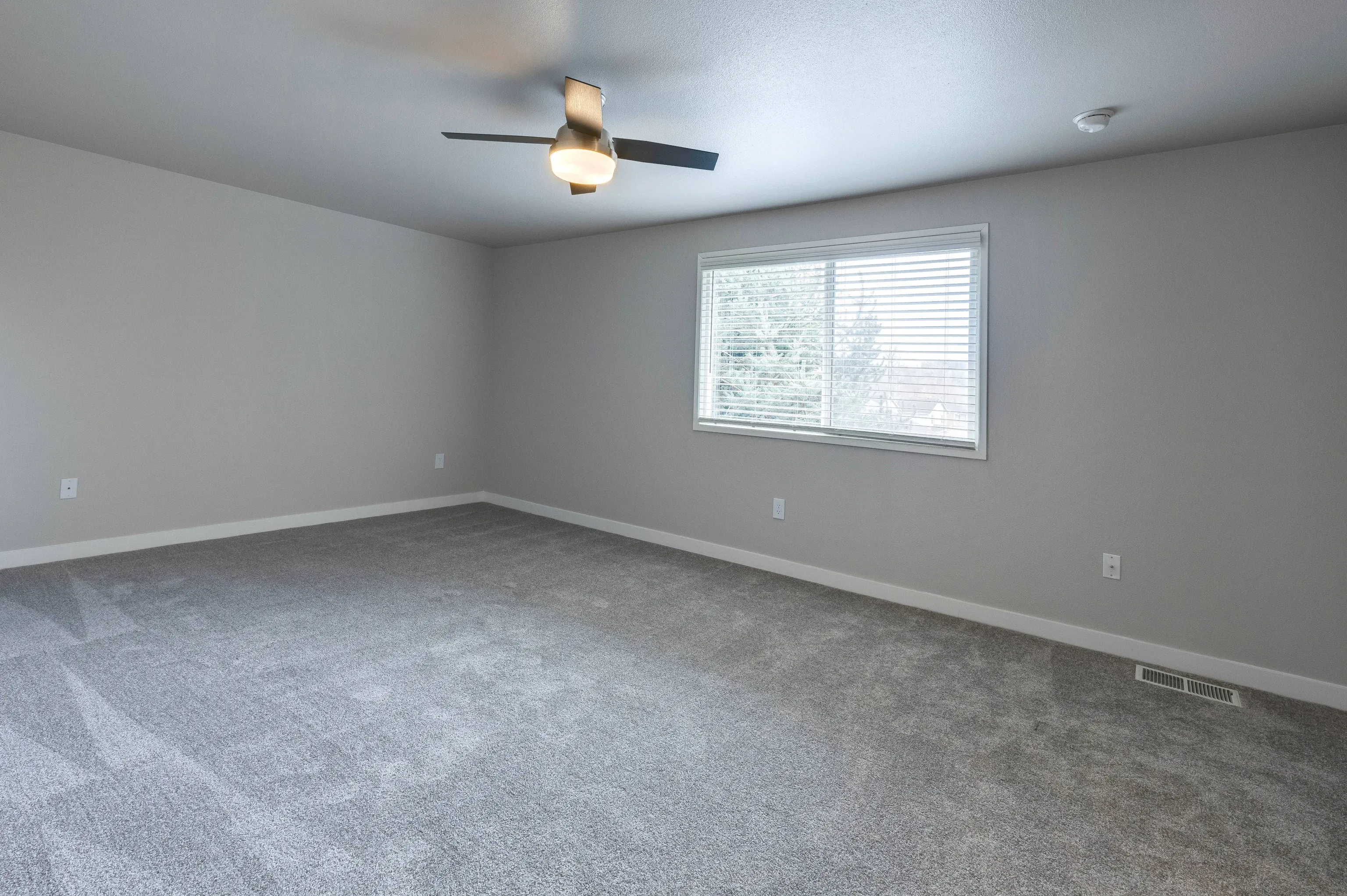 Empty carpeted room with gray walls, a window with blinds, and a ceiling fan.