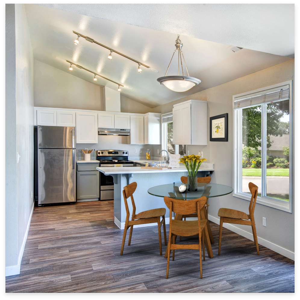 Open kitchen with breakfast bar. 