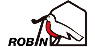 Logo of a white robin with a red breast in a black house outline with 