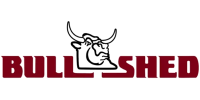 Logo for Bull Shed, featuring a bull's head in white outline above the words 