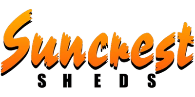Suncrest Sheds logo in orange, with black drop shadow, text 