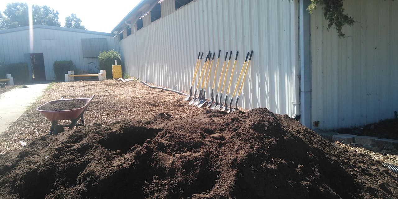 Pile of dark mulch beside a white building, with several shovels leaning against the wall.