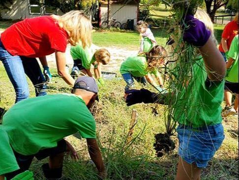 People planting in a community garden, bending over soil with green shirts and gloves.