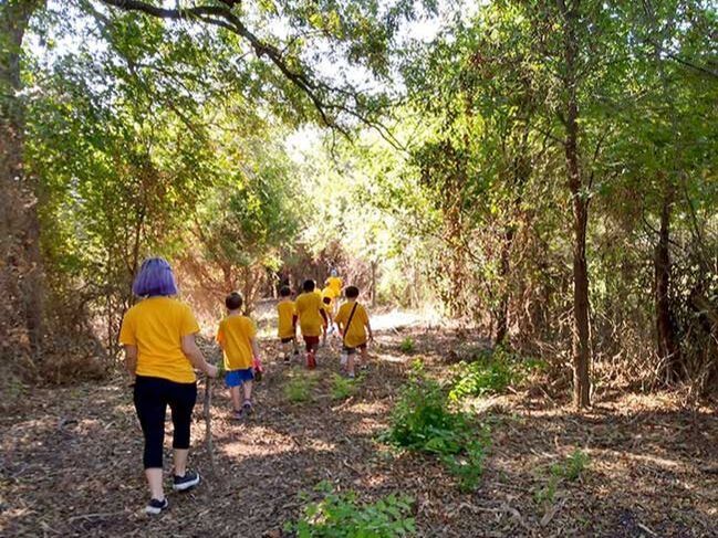 People in yellow shirts walking along a wooded trail in dappled sunlight