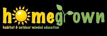 Homegrown logo in yellow and green with a sun forming the “o” and tagline “habitat & outdoor mixed education”