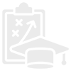 White icon of a chalkboard, graduation cap, and diploma scroll