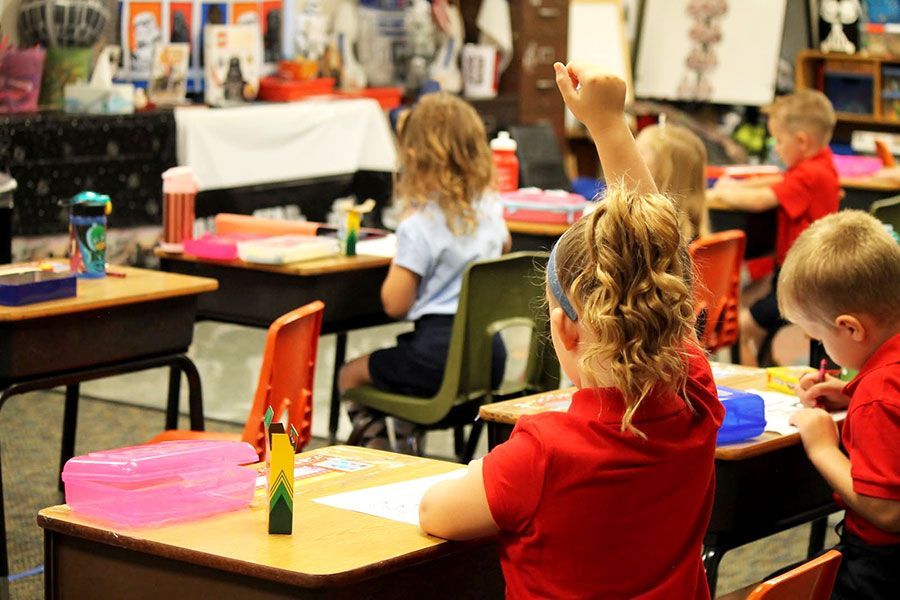 Children seated at desks in a classroom, one raising a hand during a lesson.