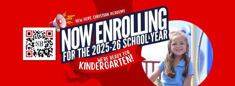 Now enrolling for 2025–26 school year kindergarten, with QR code, on red banner and smiling child photo