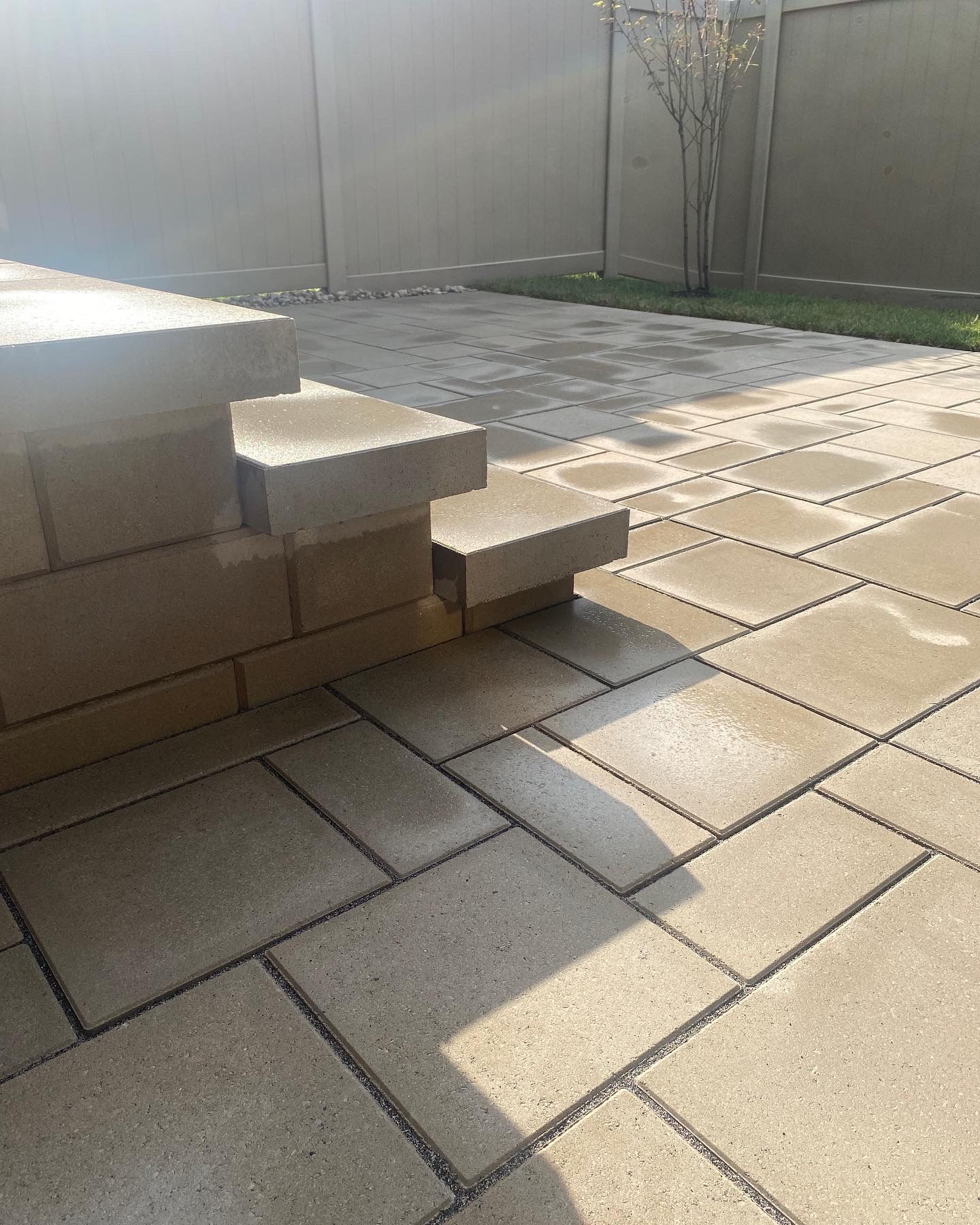 a brick walkway with stairs and a fence in the background .