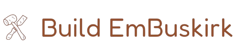 Logo reading “Build EmBuskirk” with a small crossed tools icon on the left, in brown text on a light background