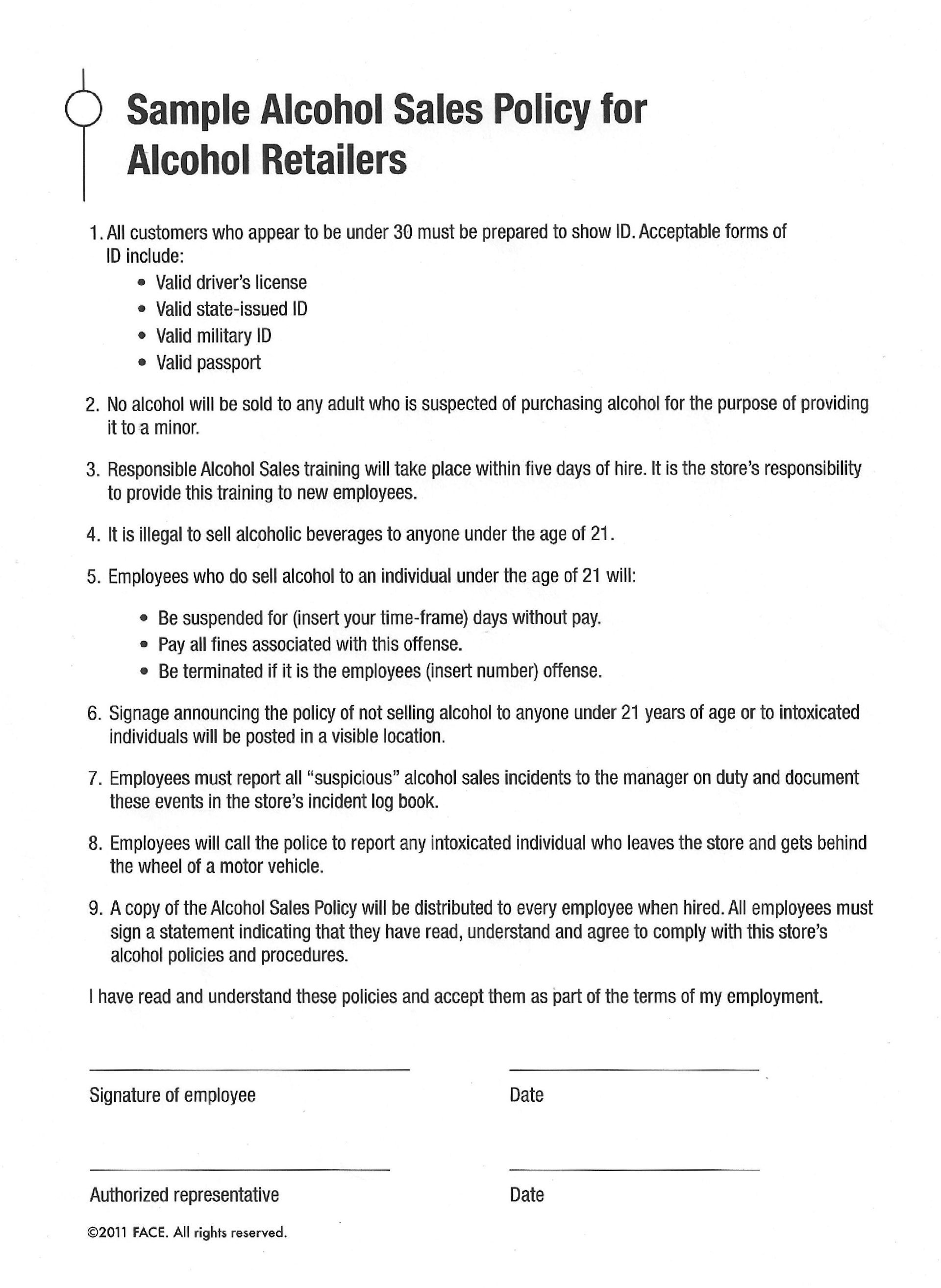 It is a sample alcohol sales policy for alcohol retailers.