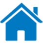 A blue house with a white roof and chimney on a white background.