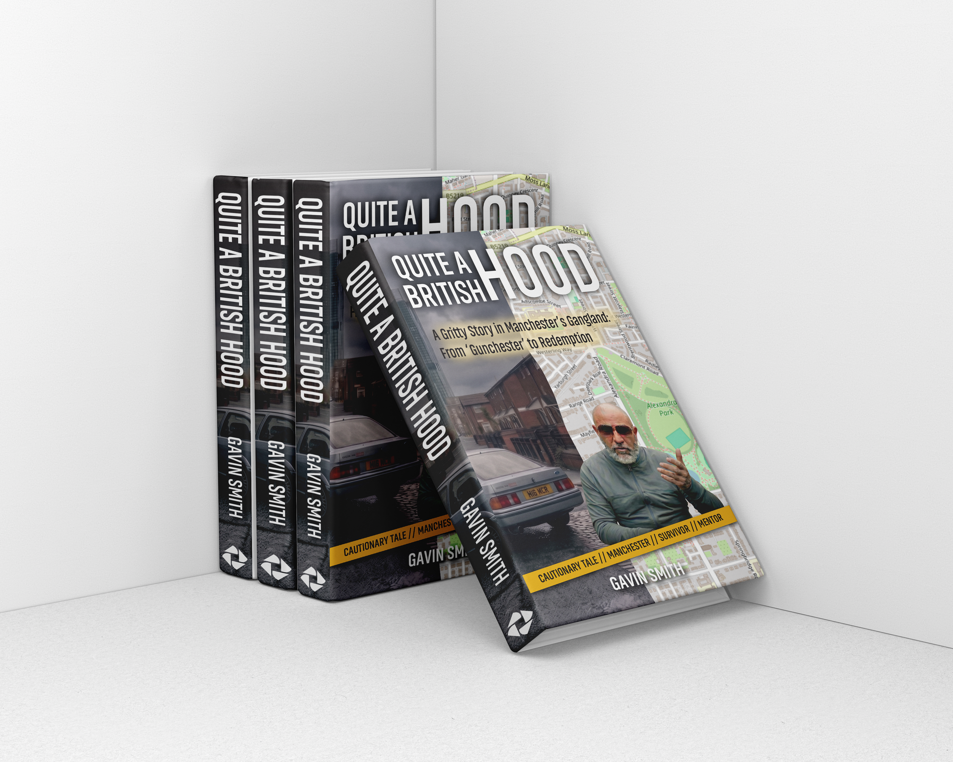 Three stacked black books with a tilted book cover, featuring a man in sunglasses on a white background