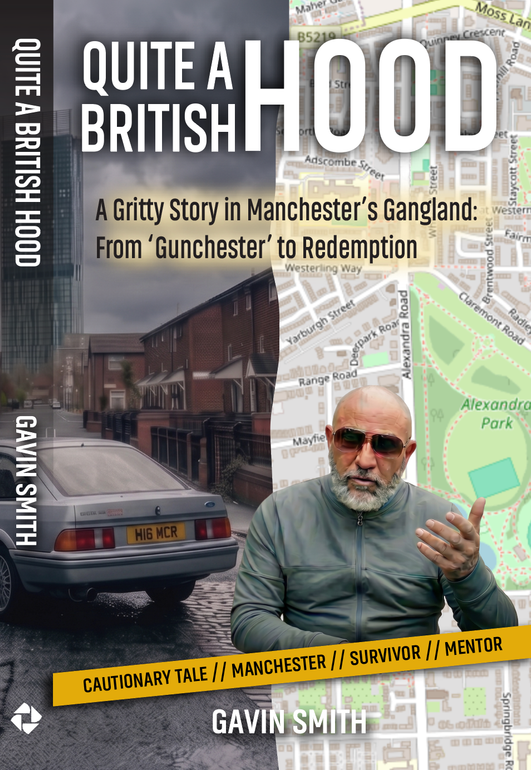Book cover for “Quite a British Hood” with a car, bridge, and man in sunglasses over a city map background