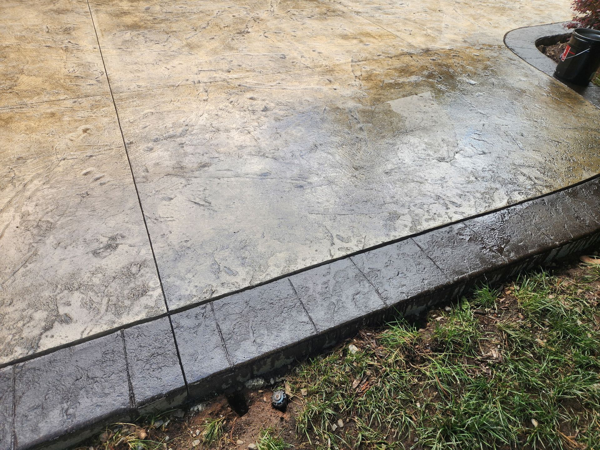 Wet concrete patio with dark border next to grass.