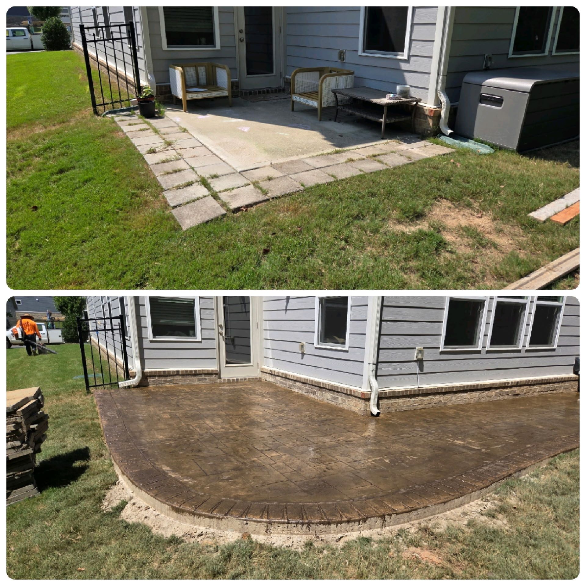 Before and after of a patio upgrade. The first is of a square patio; the second, a curved brick patio.
