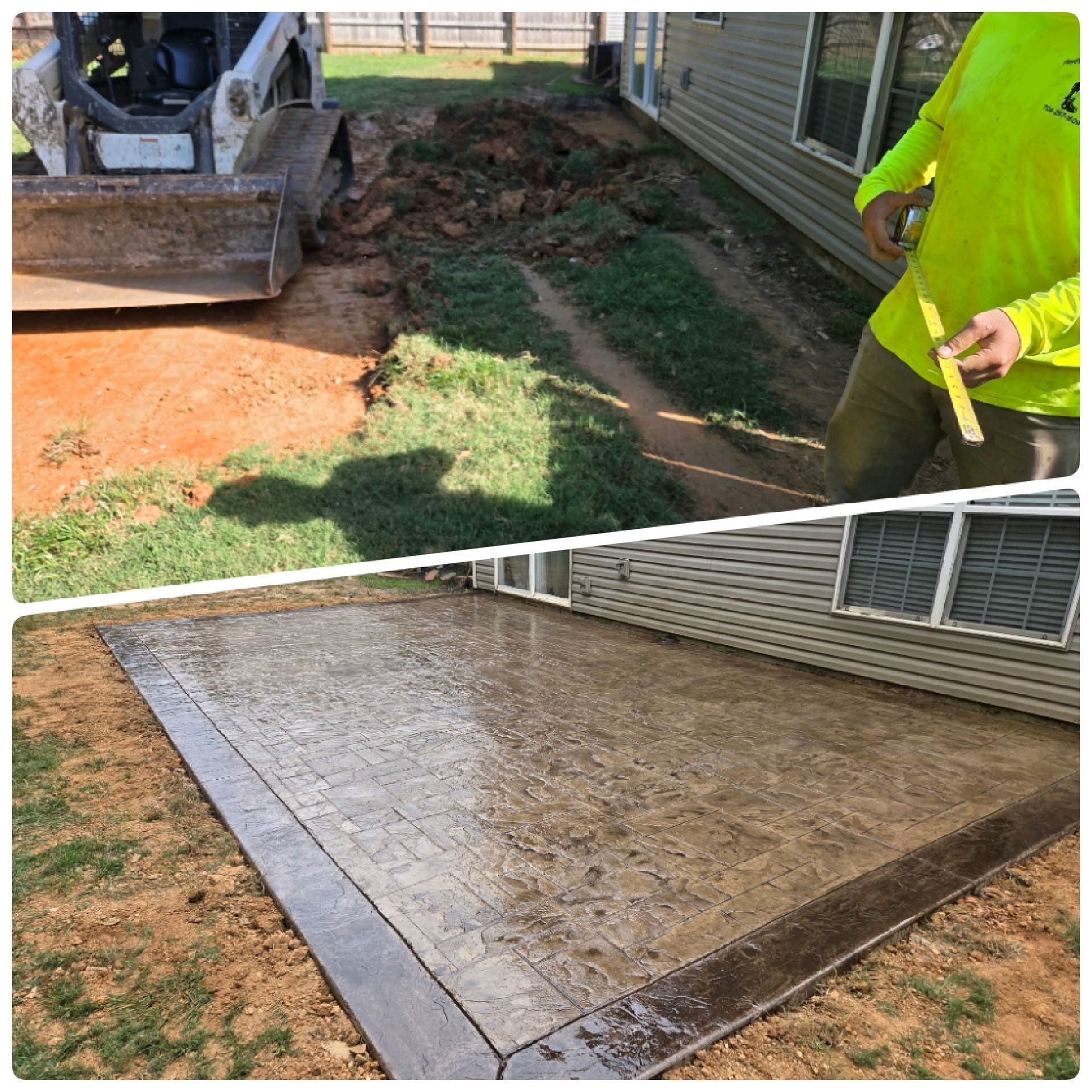 Construction site showing concrete patio being built. A skid steer digs near a house, and a man measures.