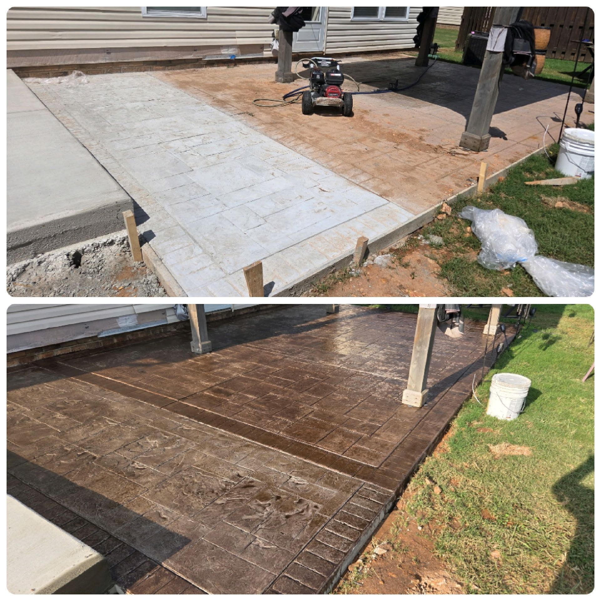 Before and after photos of concrete patio construction. 