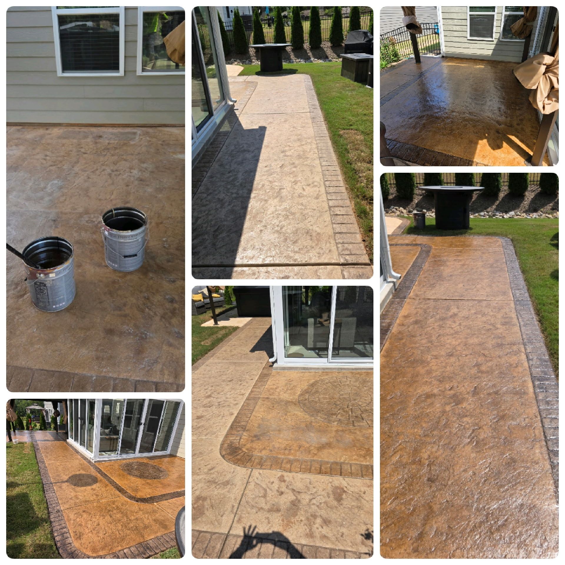 Concrete patio being stained brown, showing progress and the finished look.
