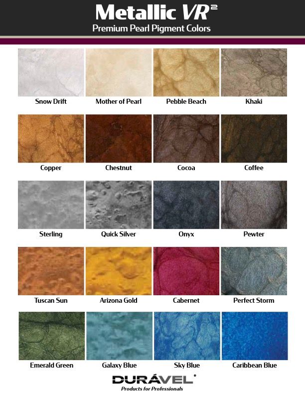 Metallic VR paint color chart with 16 textured swatches and brand logo, including gold, silver, red, and blue shades