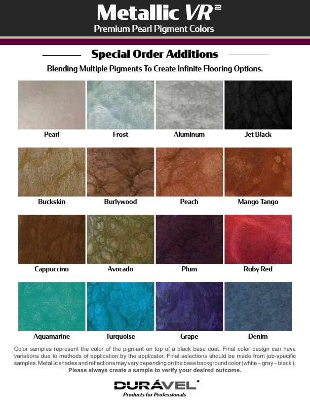 Metallic VR color chart with 12 panel samples in four columns: Peal, Frost, Natural, and Jet Black.