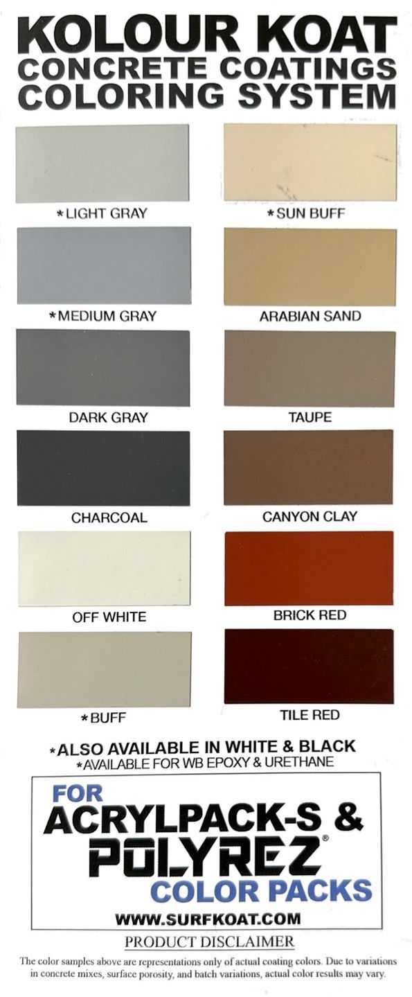 Kolour Kote concrete coatings color chart with eight sample swatches and product packaging at bottom