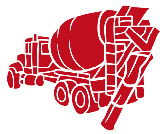 Red silhouette of a concrete mixer truck.