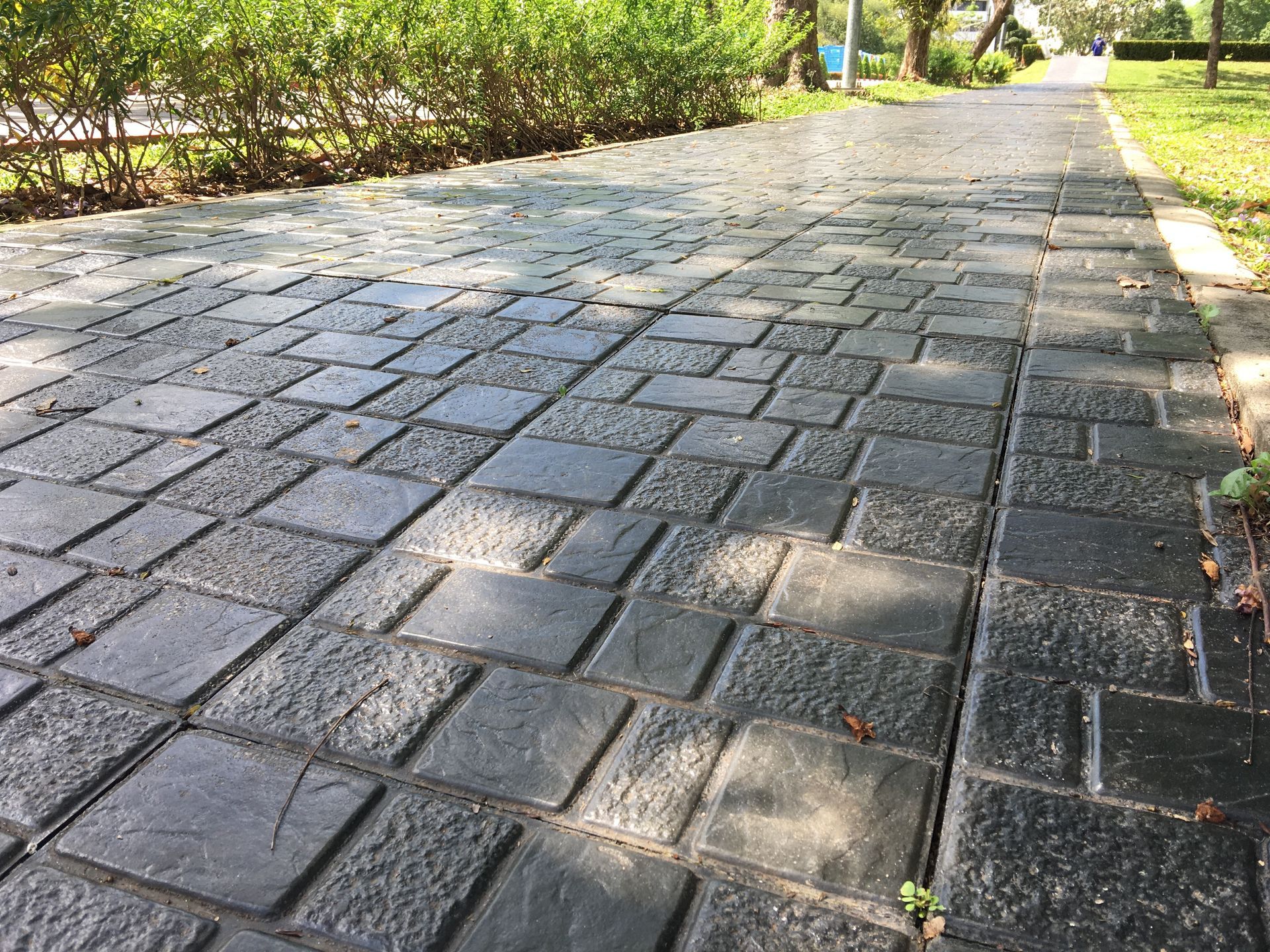 Uneven, textured dark gray paving stones form a walkway in a park setting, bordered by greenery.