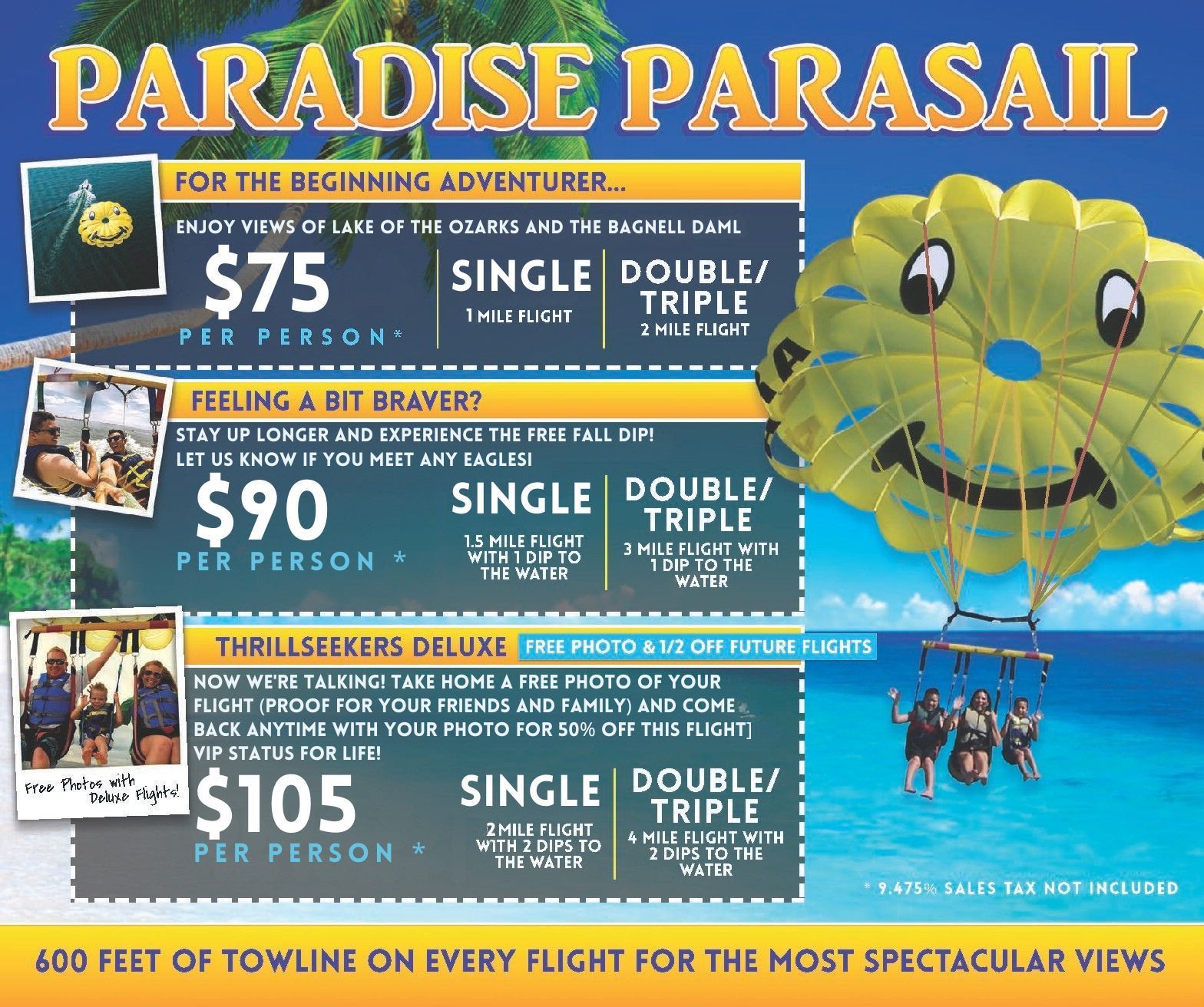Paradise Parasail flyer with prices and a colorful parasail over blue water