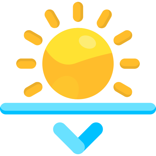 Yellow sun icon with rays above a blue horizontal line and downward arrow, indicating sunshine below the horizon