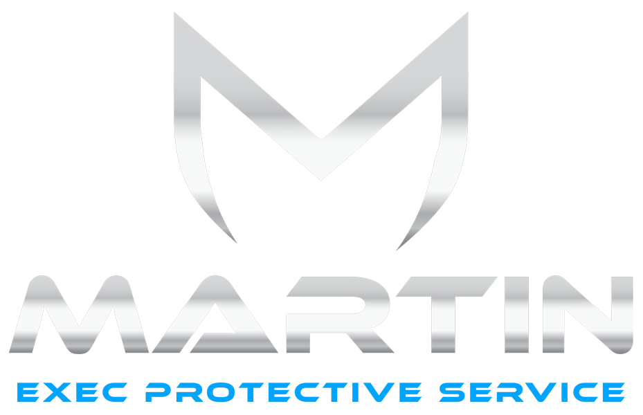 Silver logo: "M" over "MARTIN" and "EXEC PROTECTIVE SERVICE" in blue.
