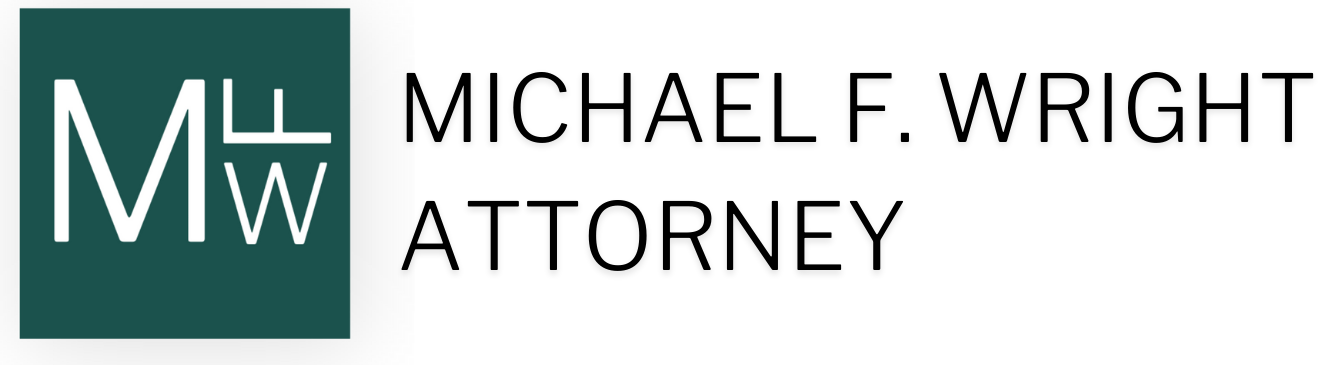 The logo for michael f. wright attorney is green and white