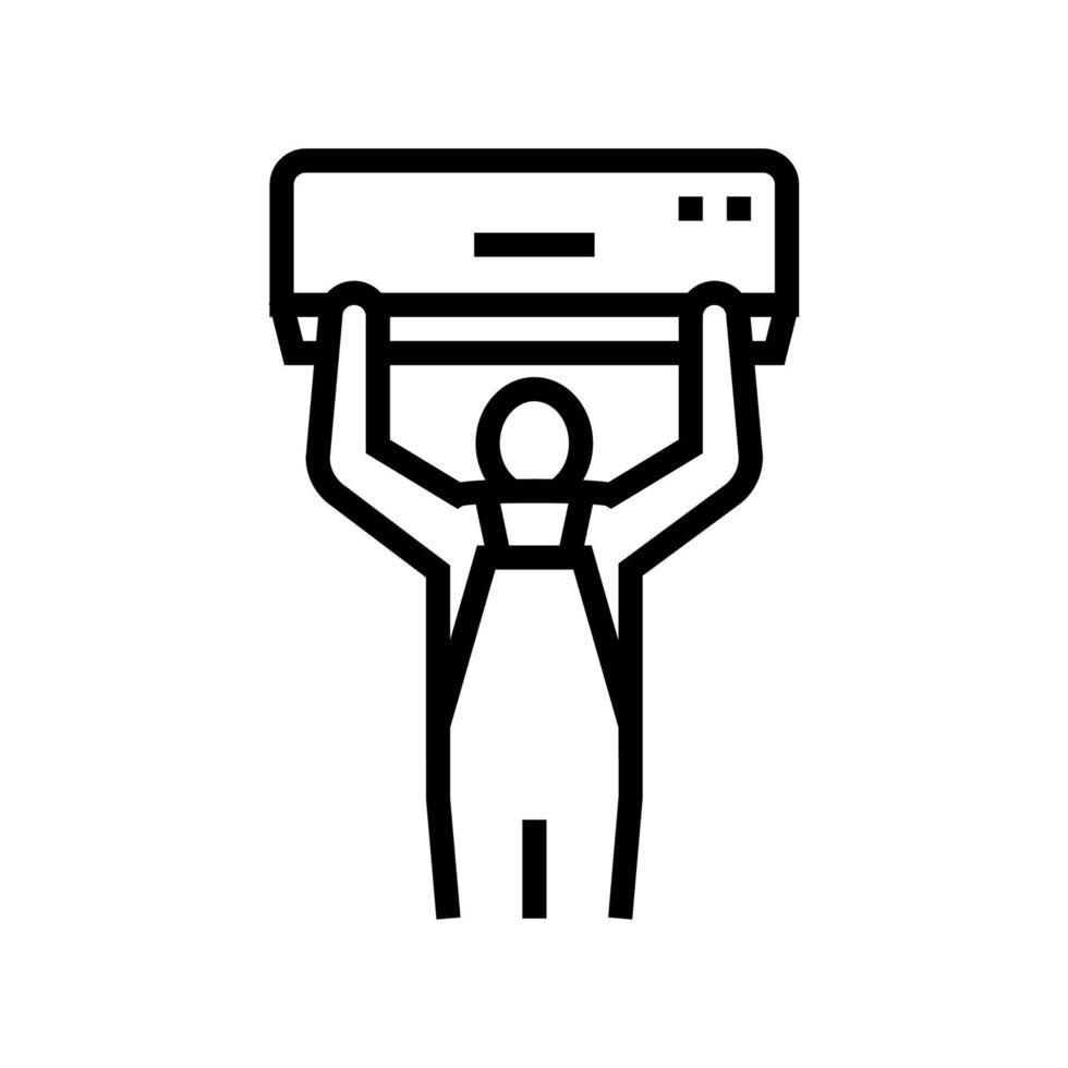 A man is holding an air conditioner over his head.
