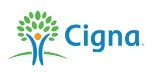 Cigna logo: a tree-like figure with blue trunk and arms, green leaves, and a central orange circle; blue "Cigna."