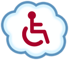 Red wheelchair symbol inside a light blue cloud outline