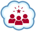 Three red people icons under a red star inside a light blue cloud outline