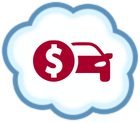 Red car with dollar sign inside a light blue cloud outline