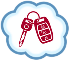 Red car key and key fob  inside a light blue cloud outline