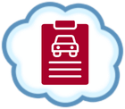 Red clipboard with a car icon inside a light blue cloud outline