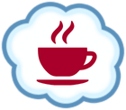 Red steaming coffee cup inside a light blue cloud outline