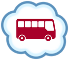 Red shuttle bus icon inside a light blue cloud outline