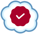 Red seal and white check mark inside a light blue cloud outline