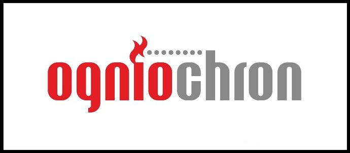 Logo voor Ogniochron met rode tekst, een vlam en grijze tekst op een witte achtergrond.