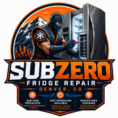 Sub-Zero Fridge Repair logo with a masked technician repairing a blue-lit refrigerator in icy tones