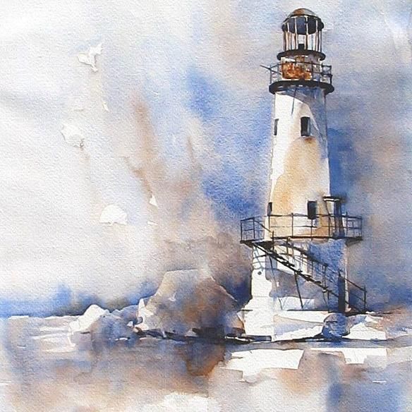 Un dipinto ad acquerello di un faro nell'oceano