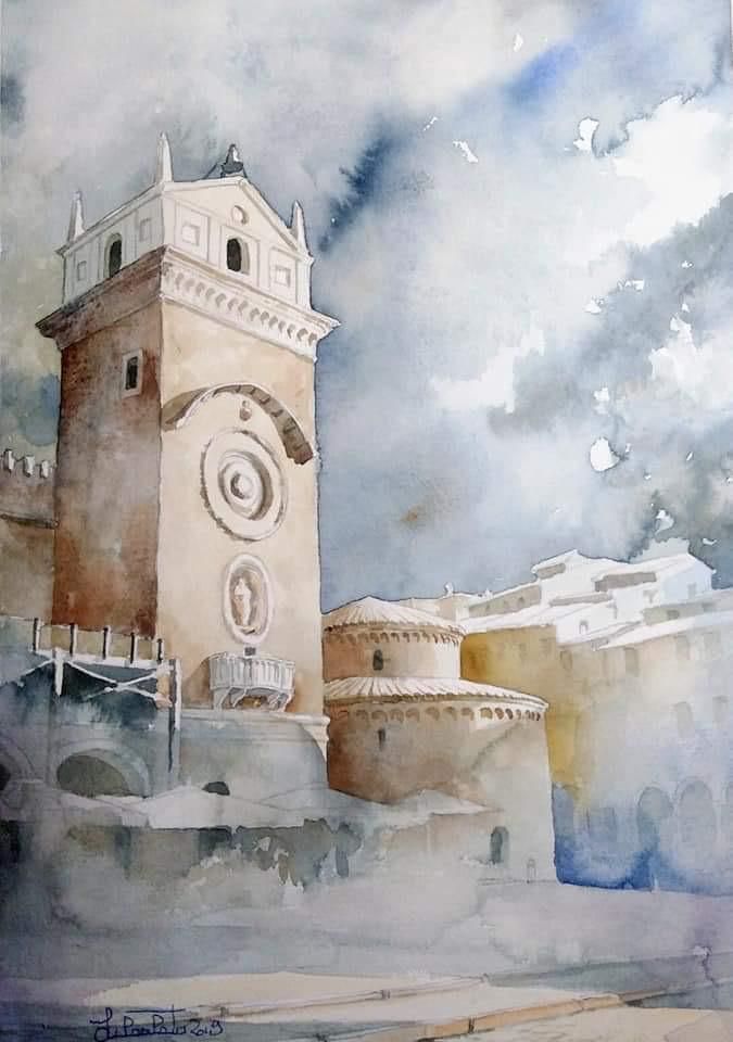 Un dipinto ad acquerello di un castello con una torre dell'orologio.
