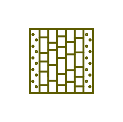 Une icône d'une grille avec des carrés et des points sur fond blanc.