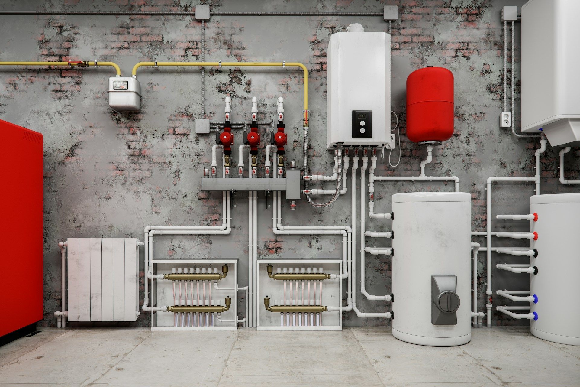 A boiler room with white tanks, red containers, pipes, and electrical components against a gray brick wall.
